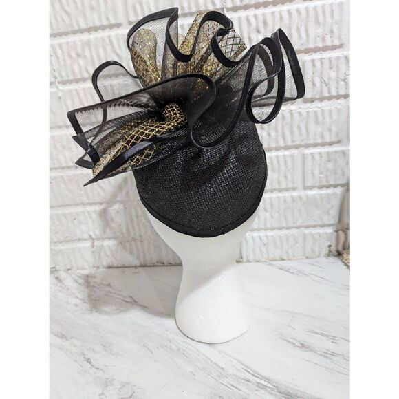 Chapeau Creations Women's Black Mesh Gold Embellished Hat in Box - Picture 6 of 9